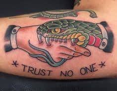 Astonishing designs of Trust no one tattoo on hand