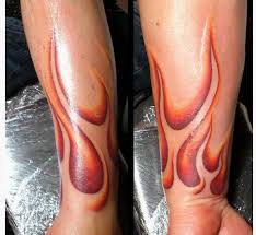 Grey Ink Flames Tattoo On Right Leg Calf