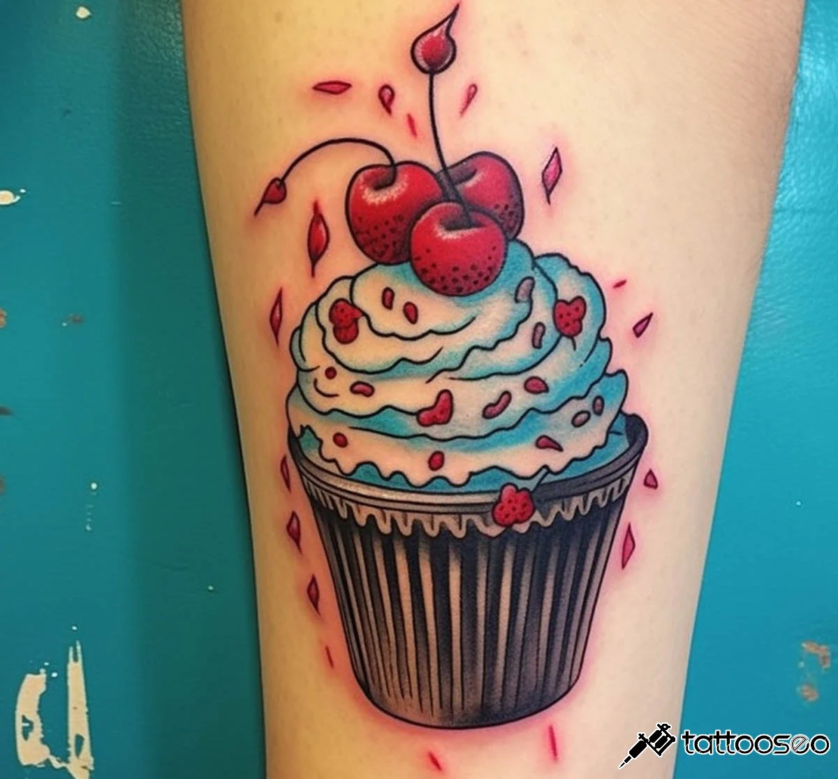 Tattoo uploaded by Carla Bou Abes • New school sugar-free cupcake with  banner. #colortattoo #newschooltattoo #cupcaketattoo #cute #skull #icing  #sprinkles • Tattoodo