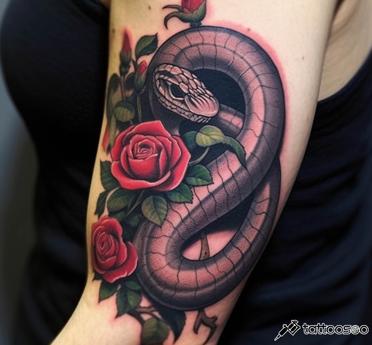 Tattoo uploaded by Jen Tonic  Snake Tattoo by Jen Tonic snake rose  shoulder flower floral blackwork blackandgrey black arm  Tattoodo
